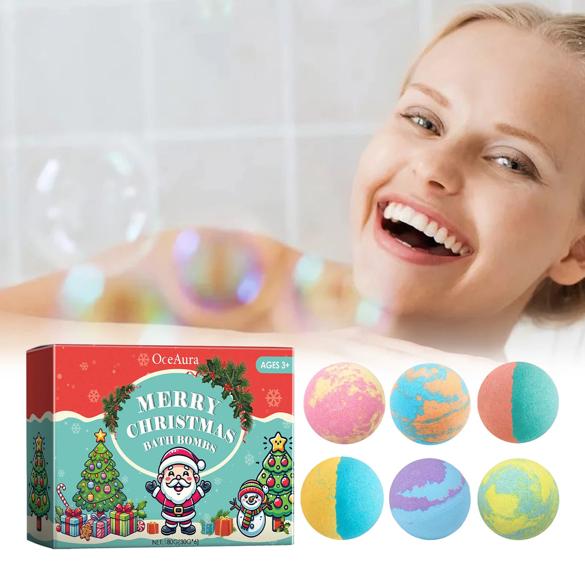 OceAura Christmas Bath Bombs 6-Pack – Moisturizing & Fragrant Bath Bombs Set Qst 6pcs