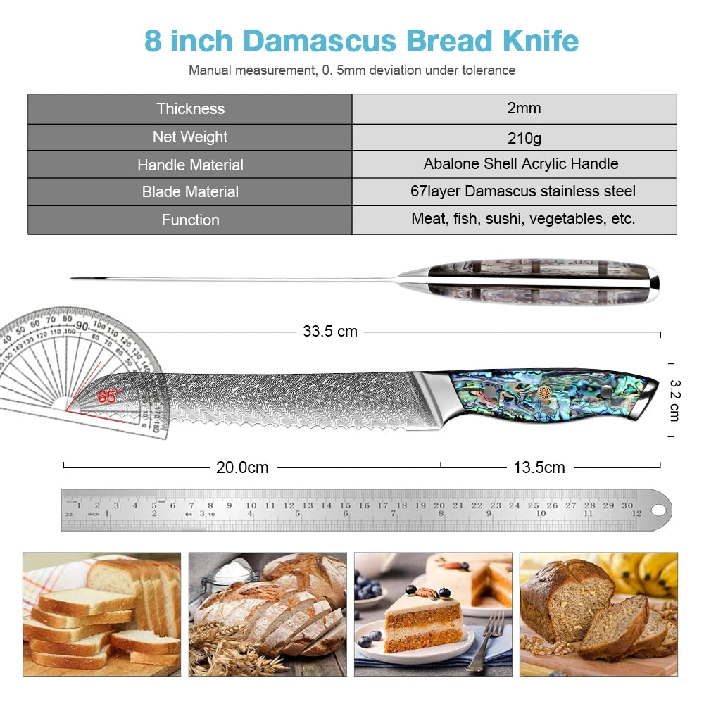 XITUO 8-Inch Damascus Steel Serrated Bread Knife | Bakers Serrated Bread Knife Qst