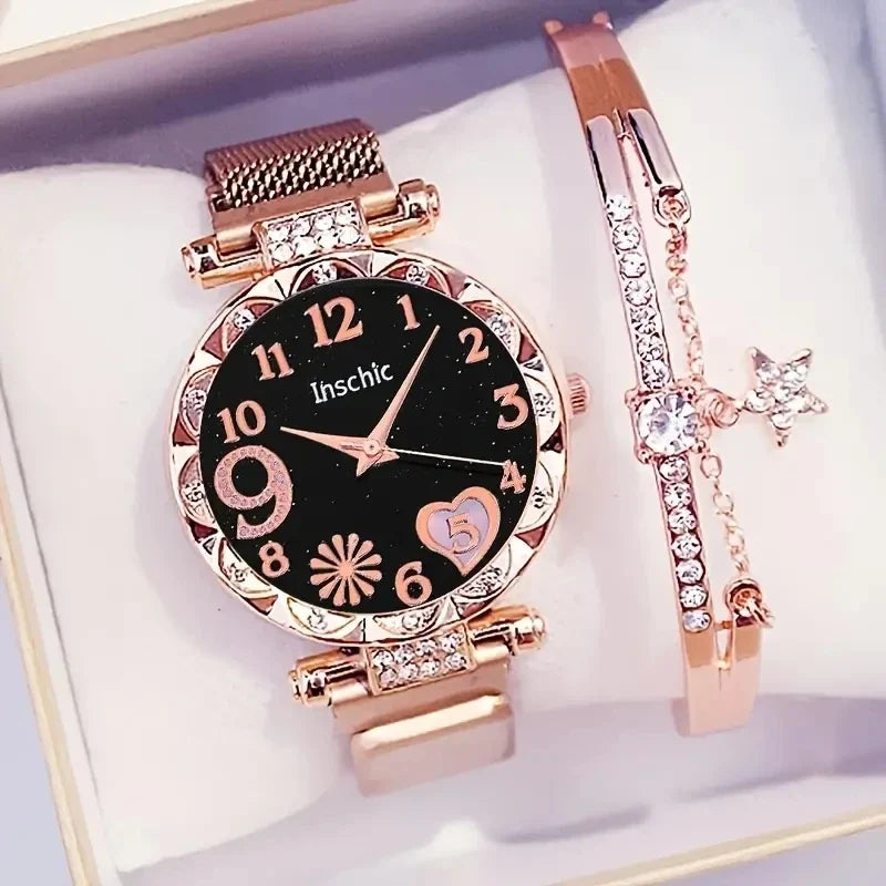 Women's Flower Dial Mesh Band Watch Set – 2-Piece Fashion Fashion Watch Set Qme
