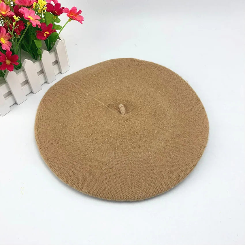 Women's Knitted Beret – Retro Solid Color Winter Warm Hat Knitted Beret Hat Qst Khaki 58-60