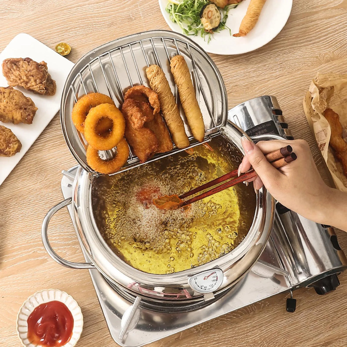3.2L Stainless Steel Deep Fryer Pot with Thermometer & Rack Deep Fryer Pot Qst