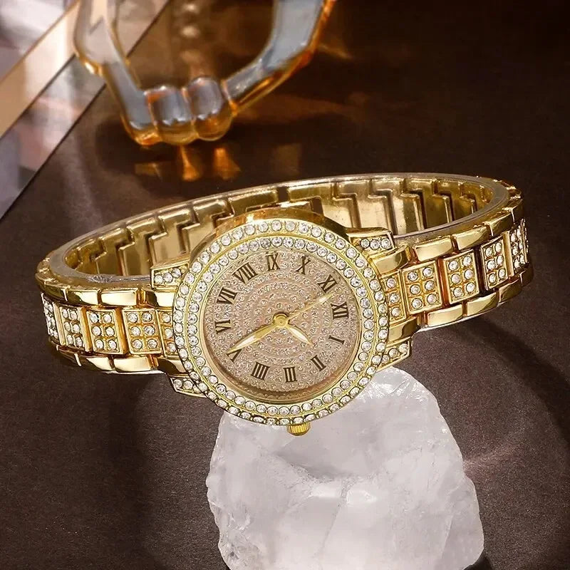 Women's Gold Rhinestone Watch Ring Necklace Earrings Set Jewelry & Watch Set Qme