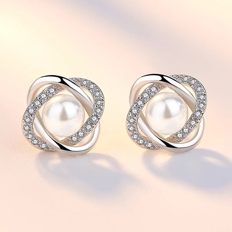 925 Sterling Silver Pearl Crystal Stud Earrings for Women Pearl Crystal Stud Earrings Qme