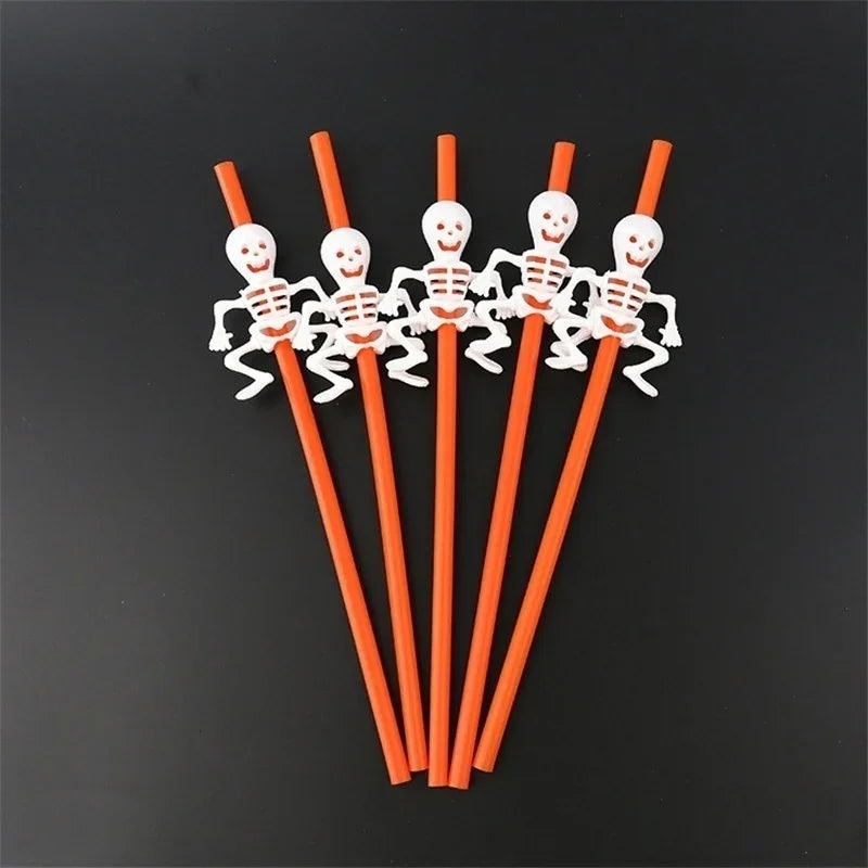 Halloween Skull Cartoon Straws – Spooky Party Bar Decoration Halloween Party Straws Qme orange and white