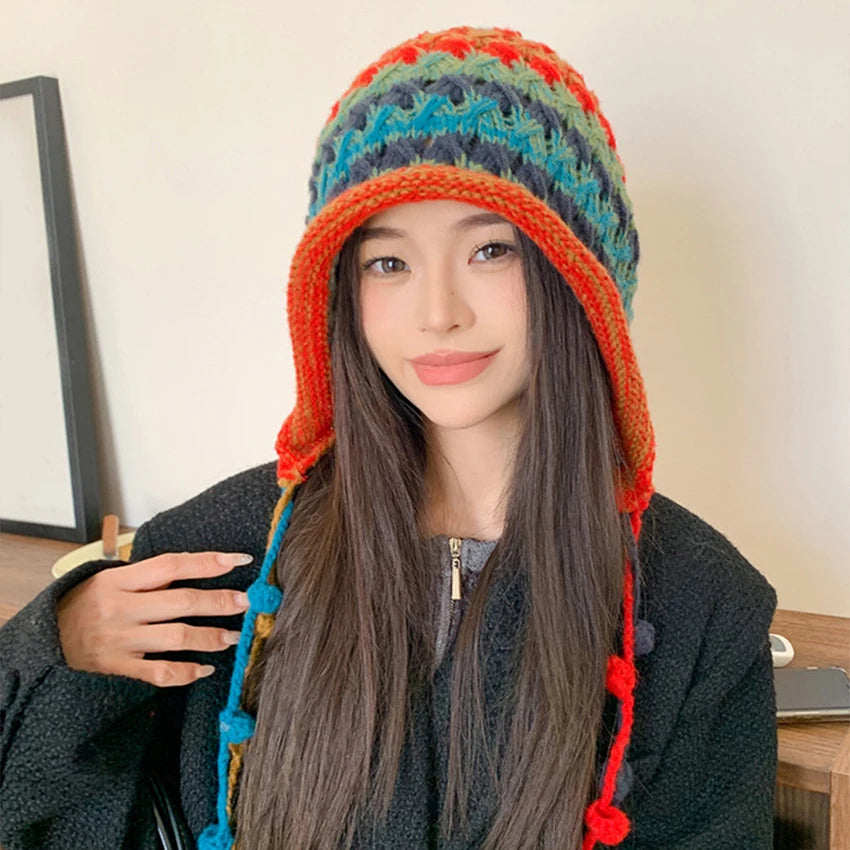 Women's Winter Knitted Beanie – Rainbow Striped Tassel Pom Hat Knitted Winter Beanie Qst