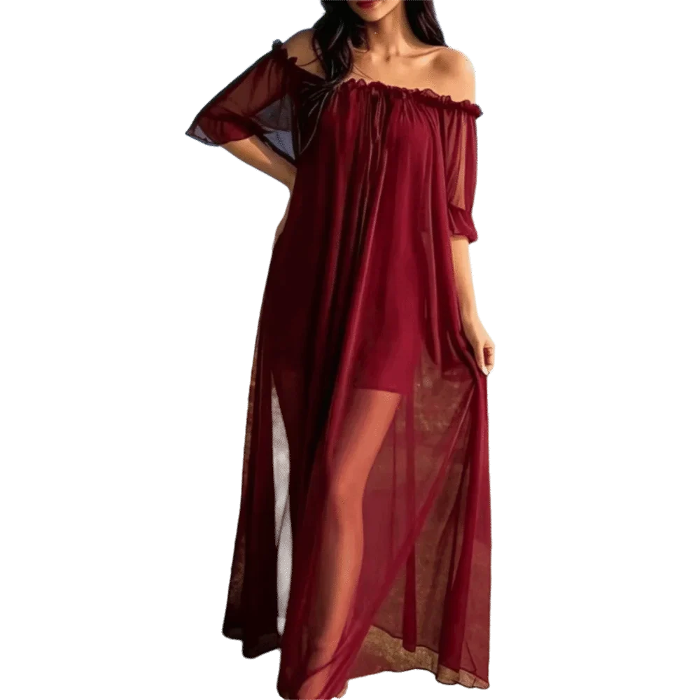 Off Shoulder Sheer Mesh Nightgown V-Neck Ruffle Nightdress Mesh Nightgown Qme Dark Red XXXL