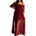 Off Shoulder Sheer Mesh Nightgown V-Neck Ruffle Nightdress Mesh Nightgown Qme Dark Red XXXL