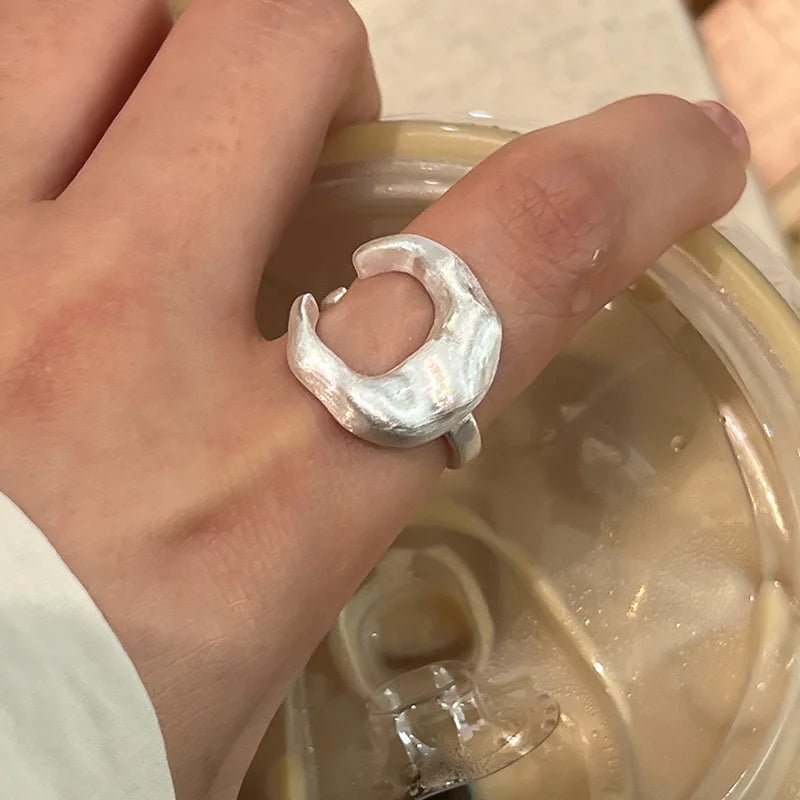 Matte Frosted Crescent Moon Finger Ring – White Metal Statement Statement Ring Qme resizable baijin