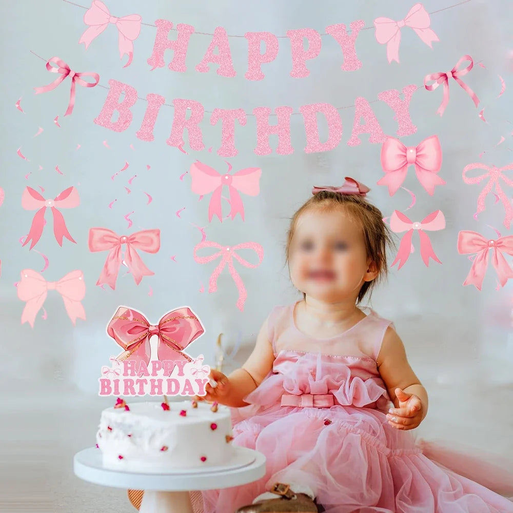 Bow Happy Birthday Banner & Flag Party Decoration Set Birthday Party Banner Qme