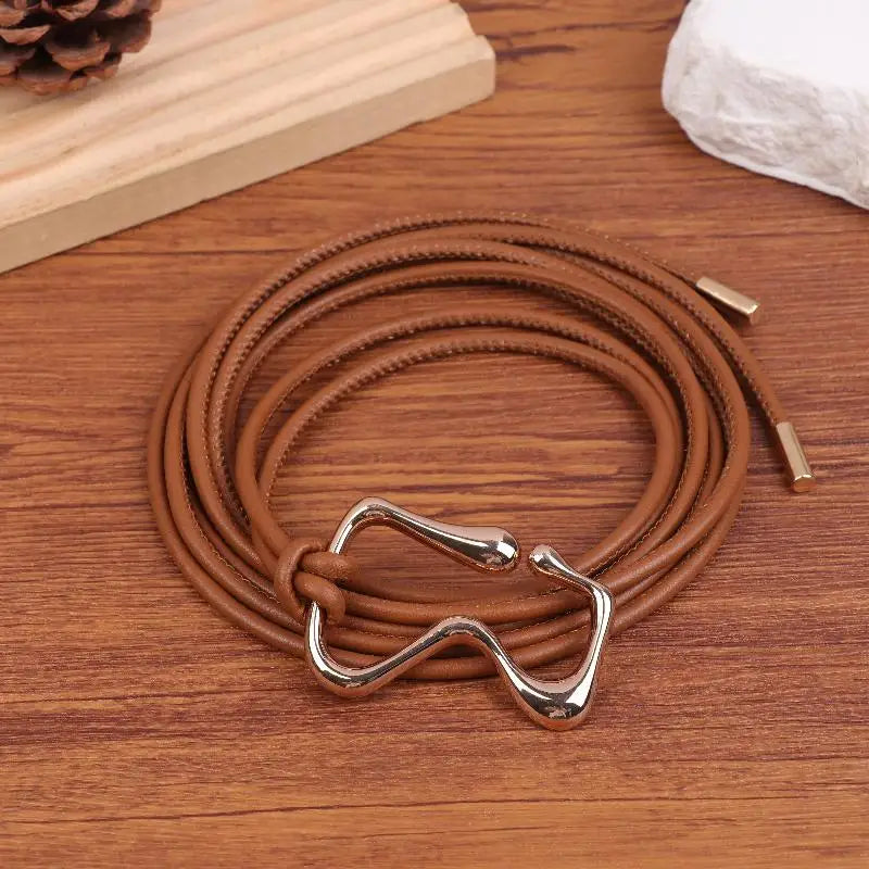 Women's PU Leather Thin Waist Belt – Gold Knotted Buckle Women's Fashion Belt Qst Brown