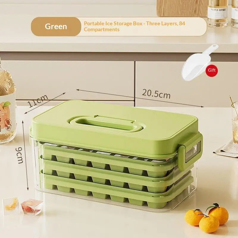 84-Cube Ice Tray with Lid & Storage Bin | BPA-Free 3-Layer Set Ice Cube Tray Set Qme Green