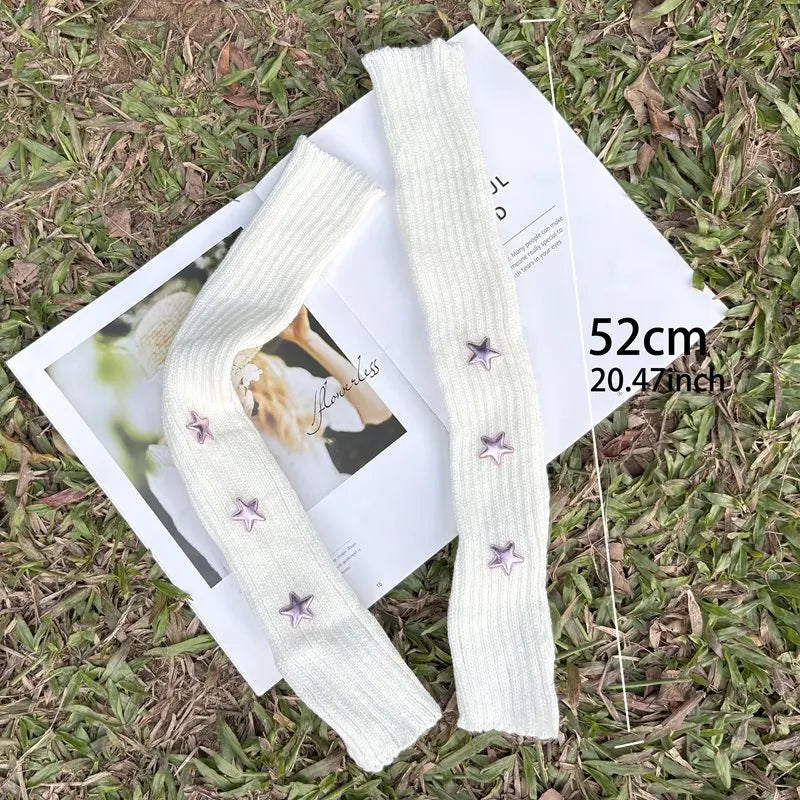 Y2K Fingerless Gloves Women Knitted Star Arm Warmers Fingerless Arm Warmers Qme 52cm white