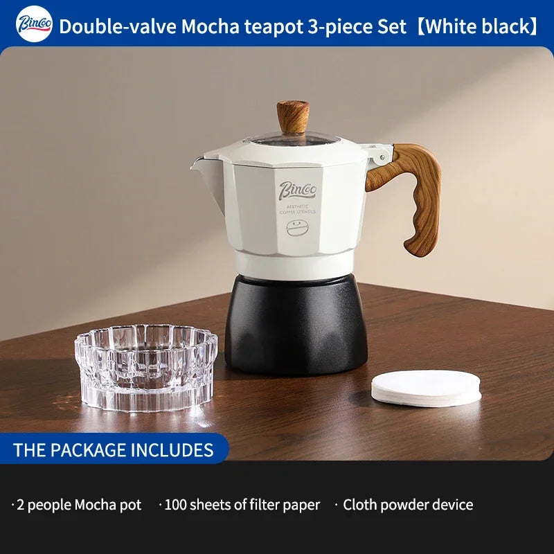 Bincoo Dual Valve Moka Pot Espresso Set with Electric Stove Moka Pot Set Qst 3pcs set black white
