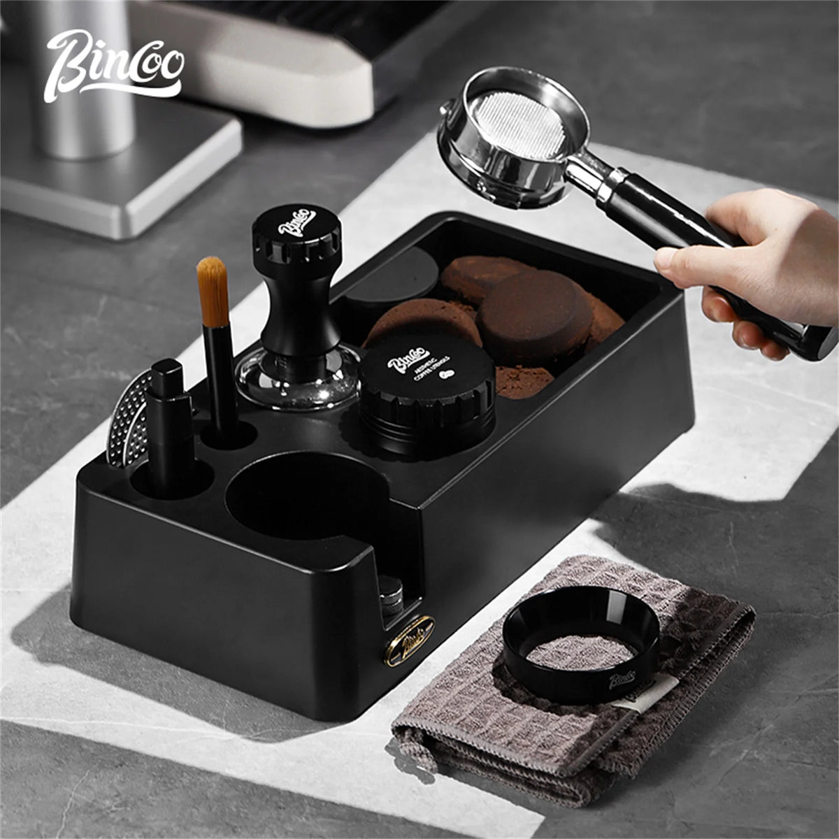 Bincoo 51/58mm Coffee Distributor, Tamper & Knock Box Set Espresso Barista Set Qst