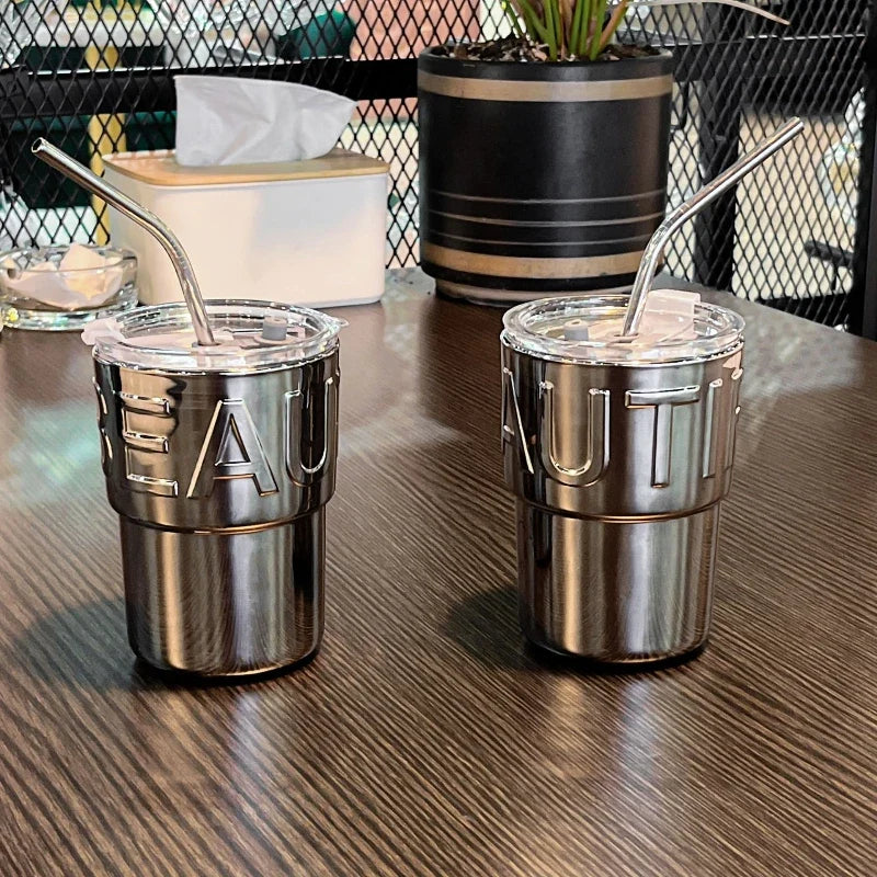 Mirrored Glass Coffee Cup with Lid & Straw – 420ml Glass Coffee Cup Qme
