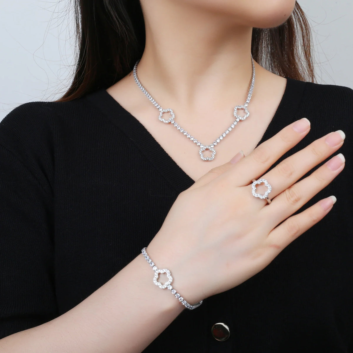 Cubic Zirconia Five-Petal Flower Charm Necklace | 3 Colors Charm Pendant Necklace Qme