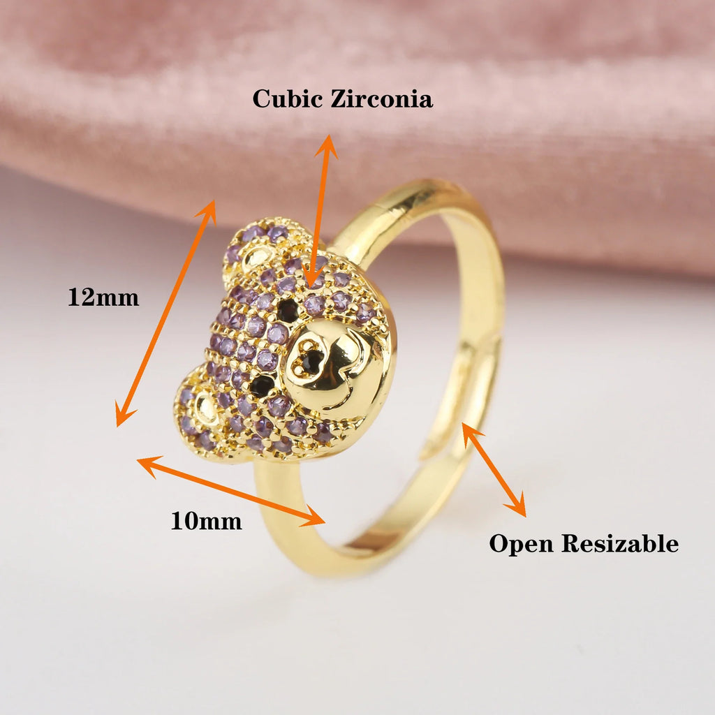 Cubic Zirconia Bear Ring | Gold Plated Adjustable Animal Ring Fashion Ring Qme
