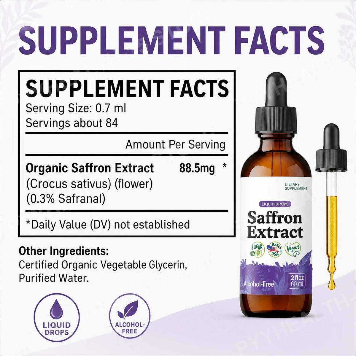 Saffron Extract Liquid Drops 88.5mg – Mood, Focus & Eye Support Herbal Supplement Drops Qst