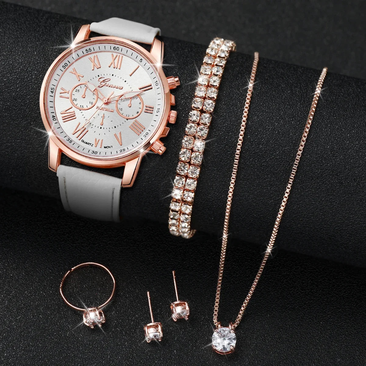 Rose Gold Ladies Chronograph Watch | White Leather & CZ Ladies Fashion Watch Qme HH10006