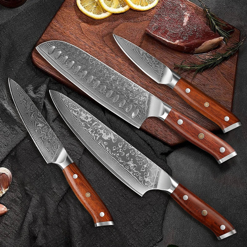 4-Piece Damascus Steel Knife Set – 67-Layer Rosewood Handle Damascus Knife Set Qst