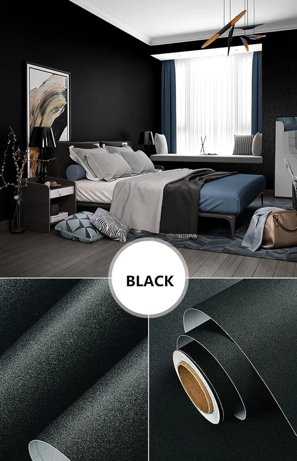 Black Matte Vinyl Self-Adhesive Wallpaper | Waterproof Wall Sticker Peel & Stick Wallpaper Qme