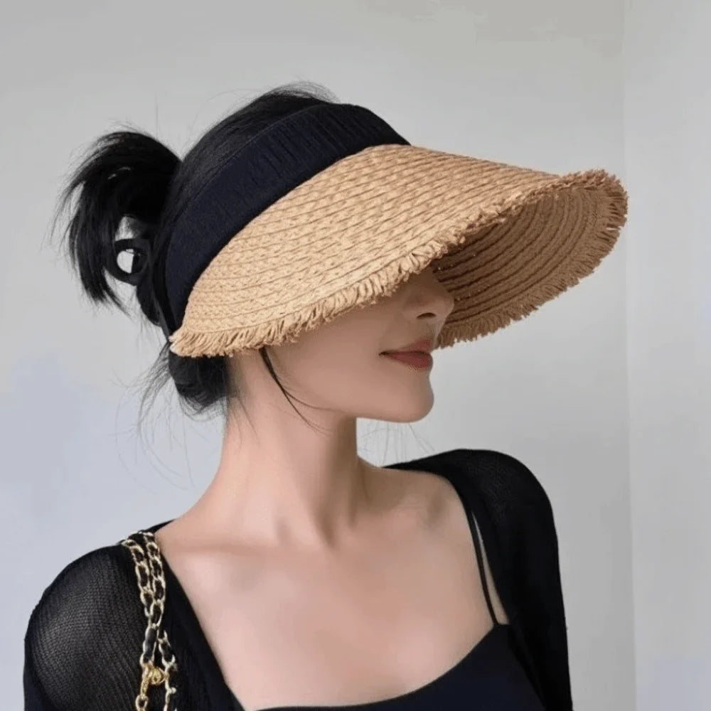 Woven Straw Visor Cap – Hollow Sun Hat for Big Heads Straw Visor Hat Qme