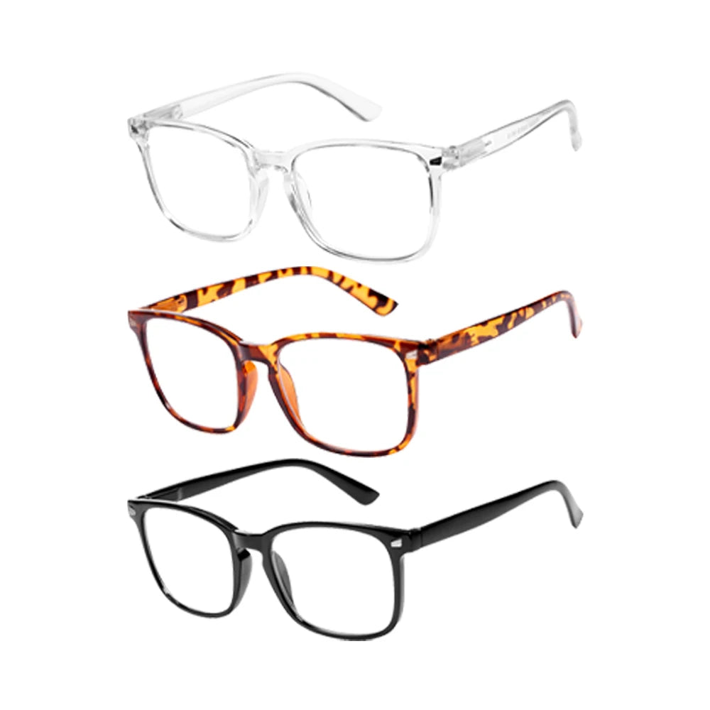 3-Pack Blue Light Blocking Reading Glasses – Unisex Square Frame Reading Glasses Qst Black Tort Clear +300