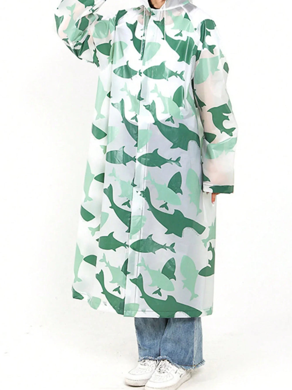EVA Leopard Print Rain Poncho – Compact All-Season Rainwear Rain Poncho Qme green shark M
