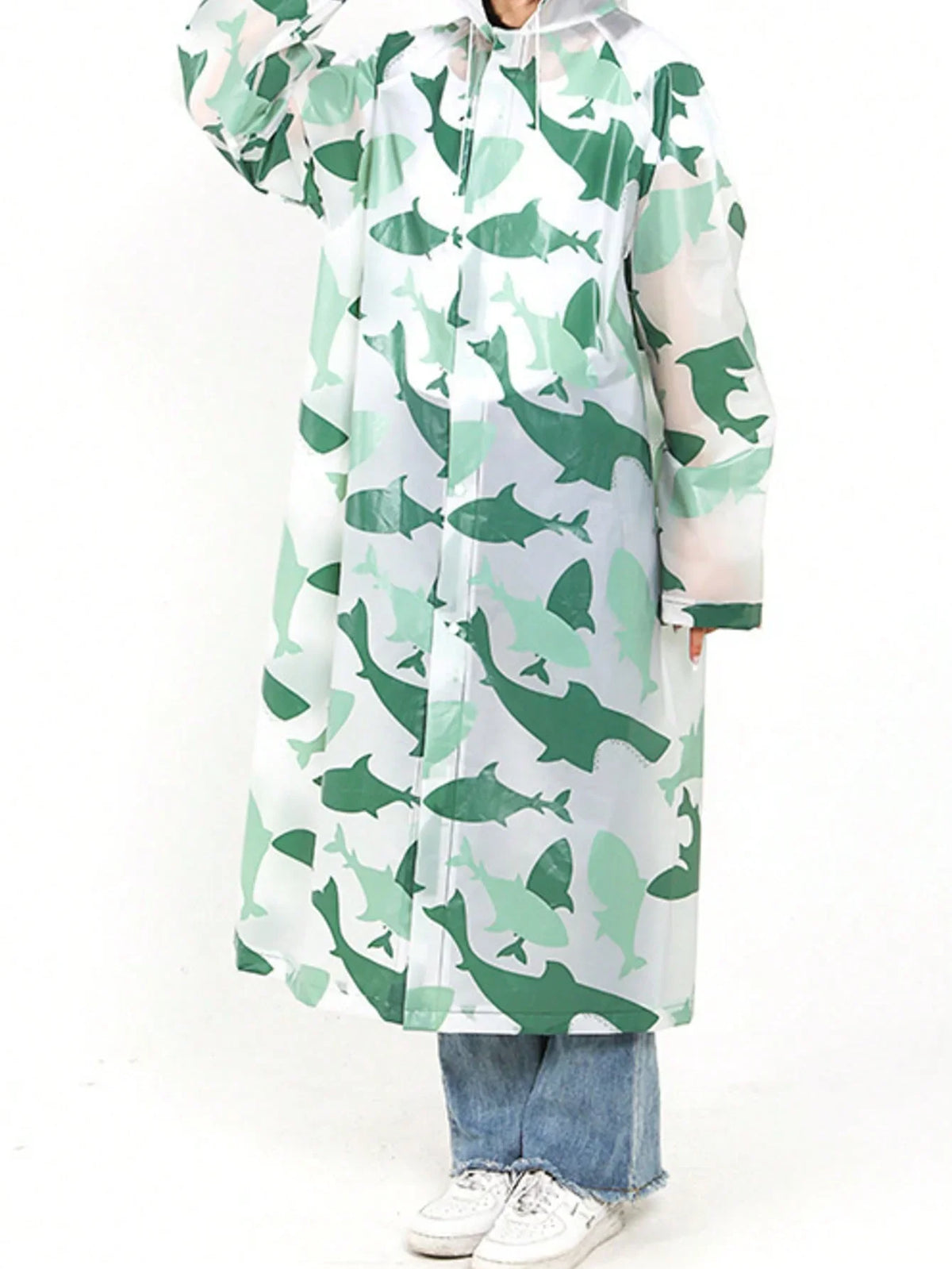 EVA Leopard Print Rain Poncho – Compact All-Season Rainwear Rain Poncho Qme green shark M