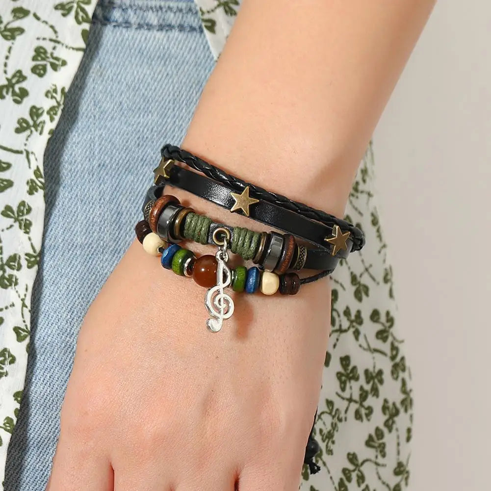 Handmade Hippie Brown Leather Bracelet – Metal Star Charm Leather Bracelet Qme