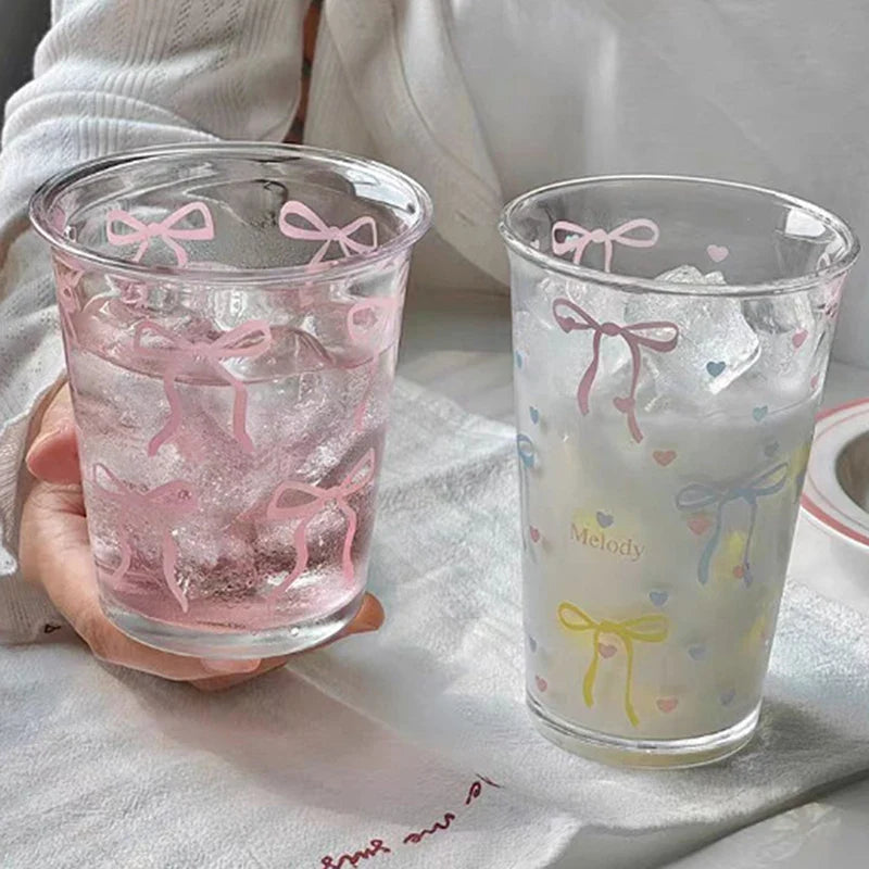 Cute Bow Glass Coffee Mug | Cartoon Striped Borosilicate Cup Glass Coffee Mug Qme