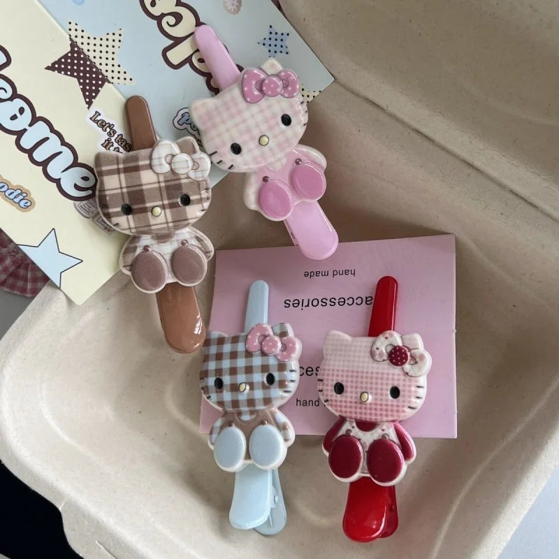 Hello Kitty Checkered Hair Clip – Cute Acrylic Accessory Hair Clip Qme