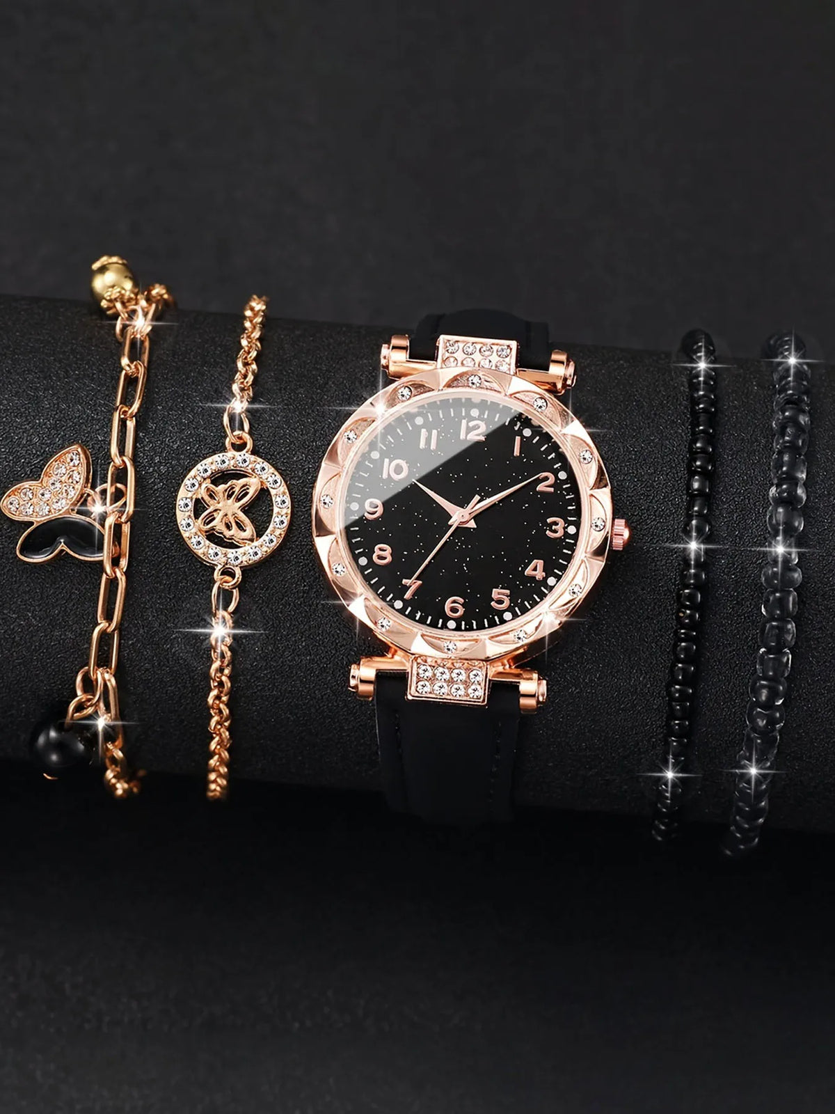 Rose Gold Women's Quartz Watch & Black Bracelet Set | Qme Watch & Bracelet Set Qme