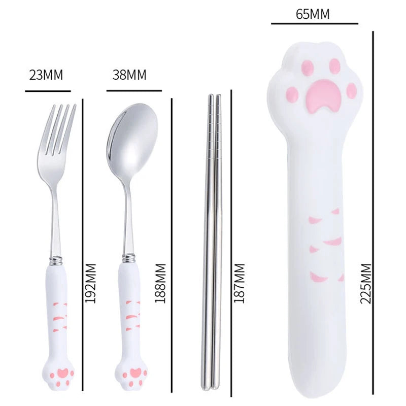 Cute Cat Paw Stainless Steel Cutlery Set with Storage Box Cutlery Set Qst 230mm pink