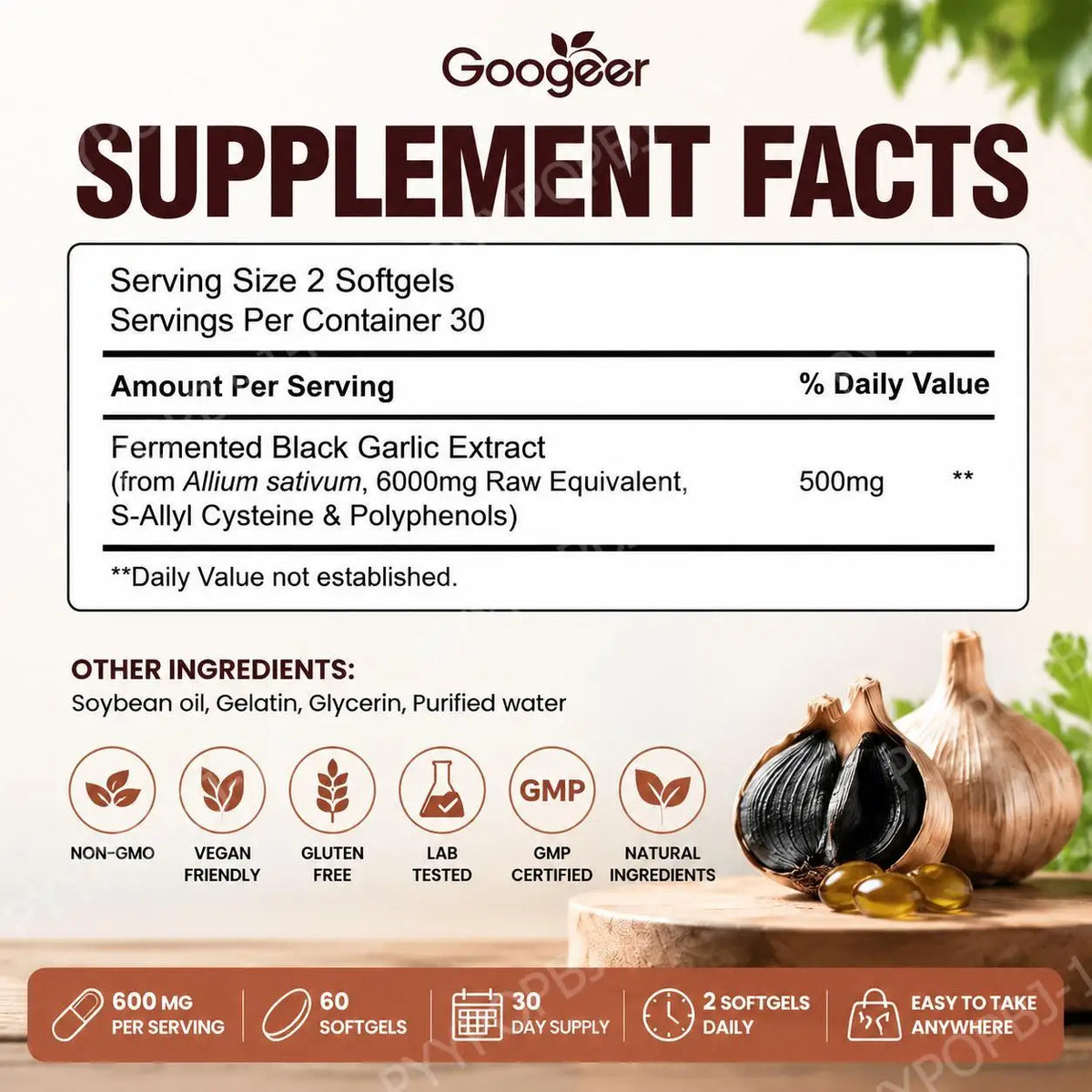 Fermented Black Garlic Extract Softgels – SAC & Polyphenols Herbal Supplement Qst