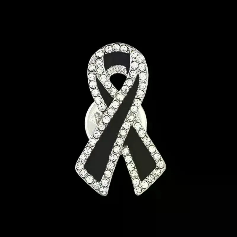 Black Rhinestone Ribbon Brooch Pin | Alloy Memorial Badge Rhinestone Brooch Pin Qme