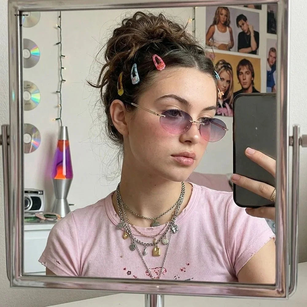 Vintage Frameless Oval Sunglasses – Metal Rimless Gradient Rimless Sunglasses Qme