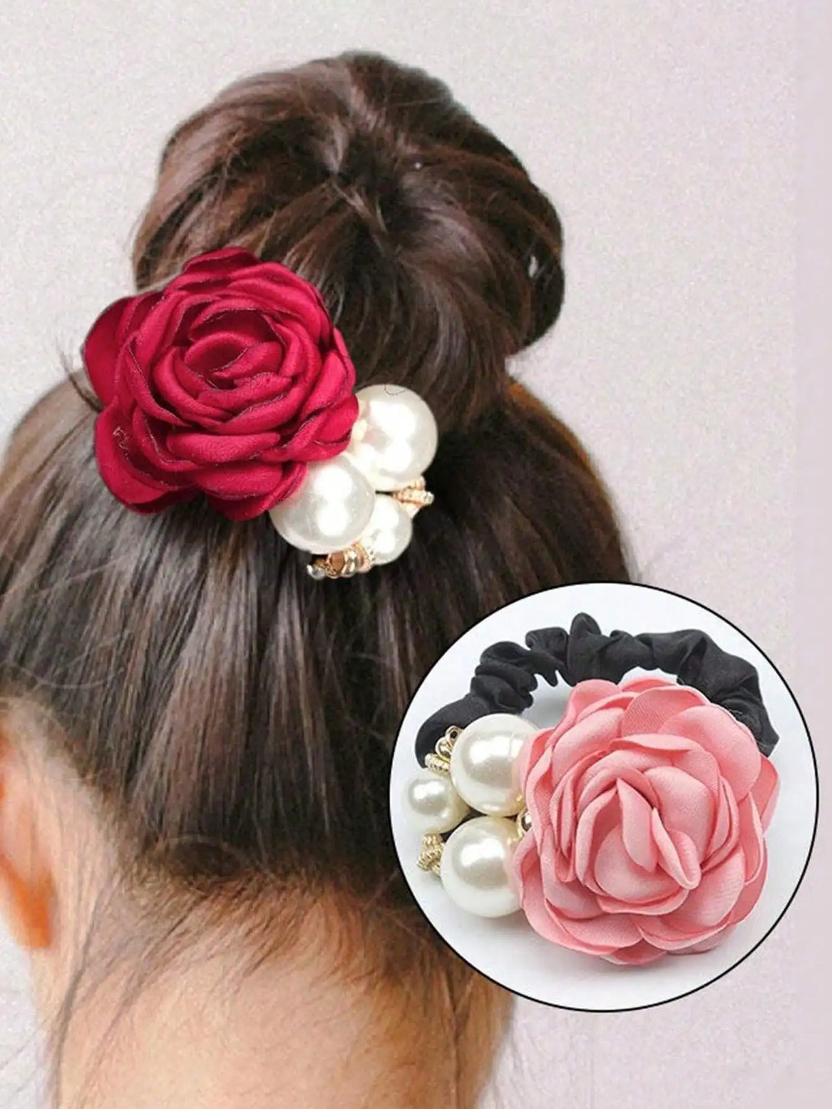 Pearl Camellia Flower Hair Rope Ring – Diamond Studded Floral Hair Rope Ring Qme