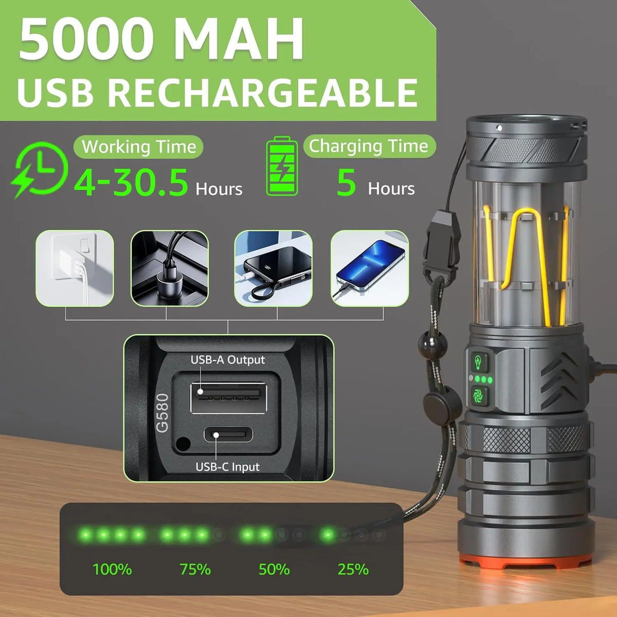 LED Rechargeable Flashlight 11 Modes Zoomable Waterproof Torch Rechargeable Flashlight Qst