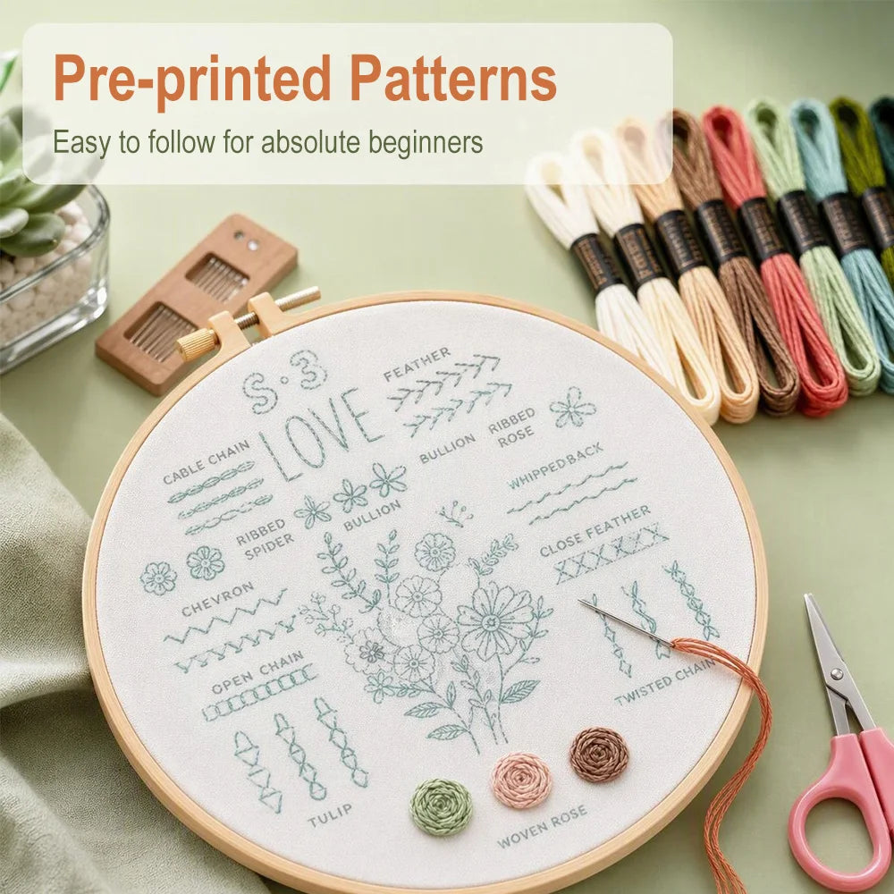Beginner Embroidery Kit – Stamped Floral Patterns & Full Tool Set Embroidery Starter Kit Qst