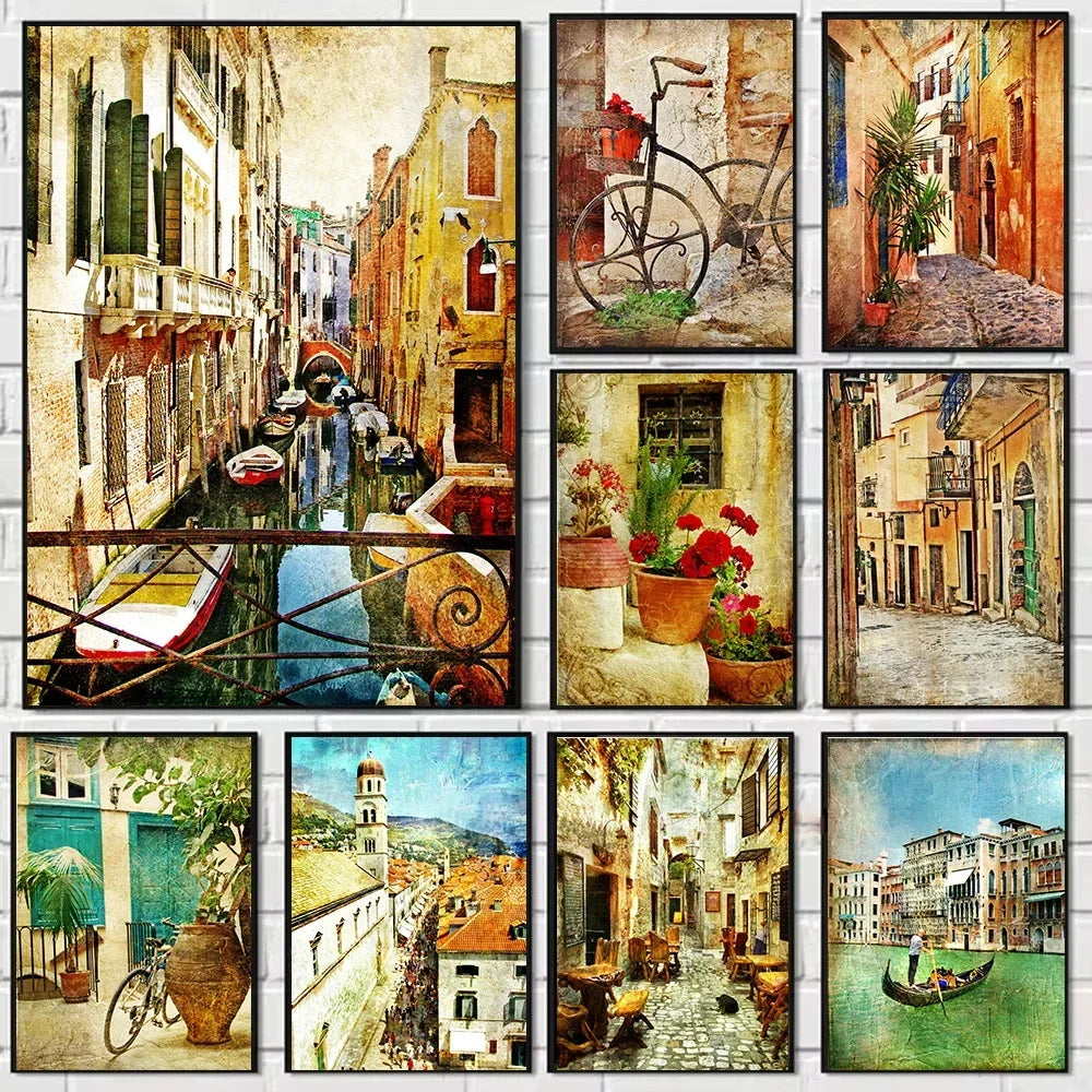 Retro Nostalgic Town Canvas Poster | Flowers Boats Bicycles Canvas Wall Art Qst
