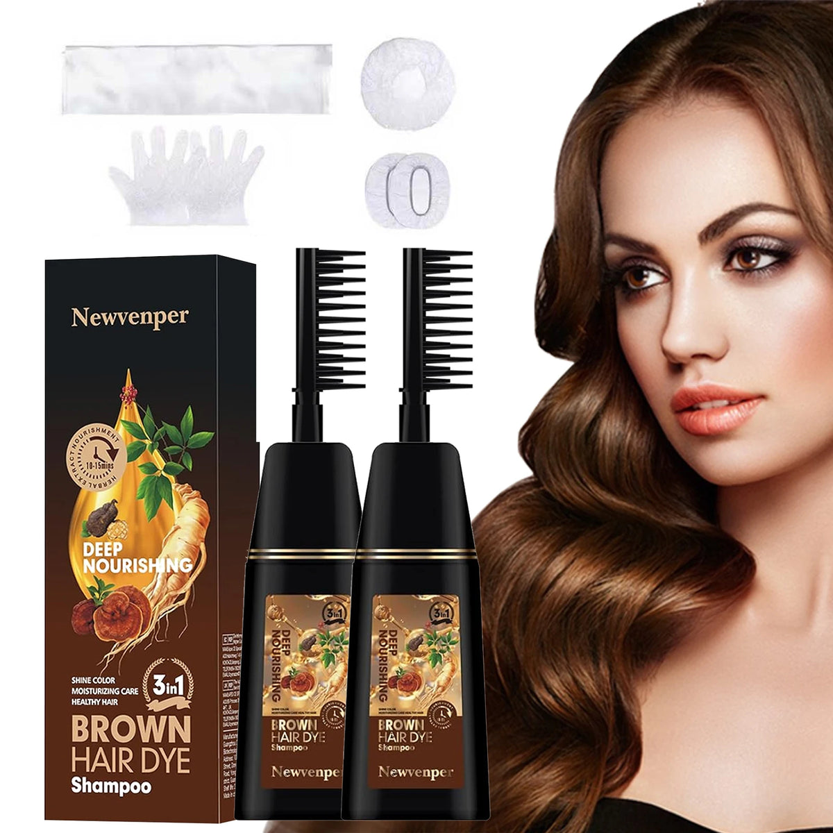 NEWVENPER Brown Hair Color Shampoo 2-Pack with Hair Brush Hair Dye Shampoo Qst Brown