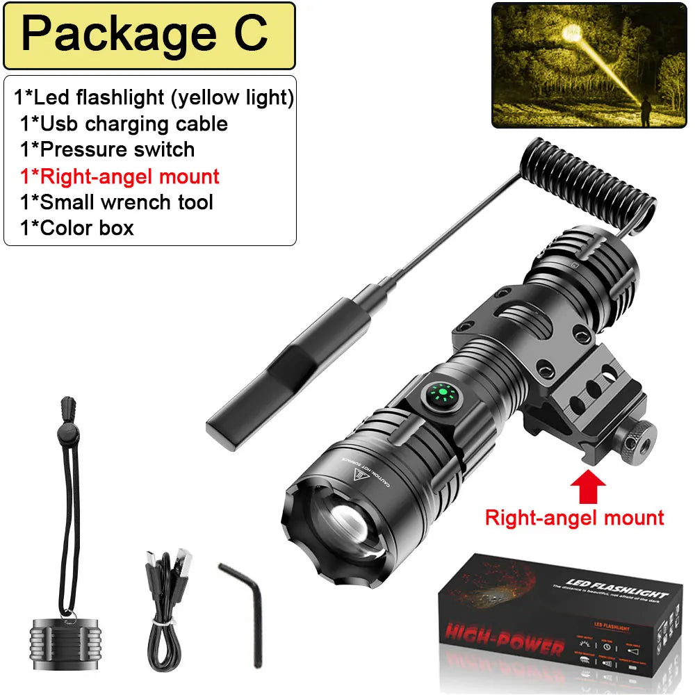 Tactical LED Flashlight 2000LM USB-C Rechargeable Zoomable Tactical Flashlight Qst Package C Yellow With 2600mah battery