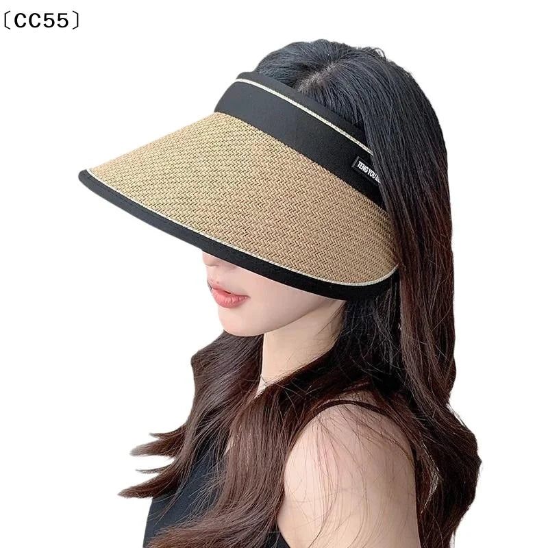 Women's Foldable Straw Visor Open Top UV Beach Sun Hat Straw Sun Visor Qst