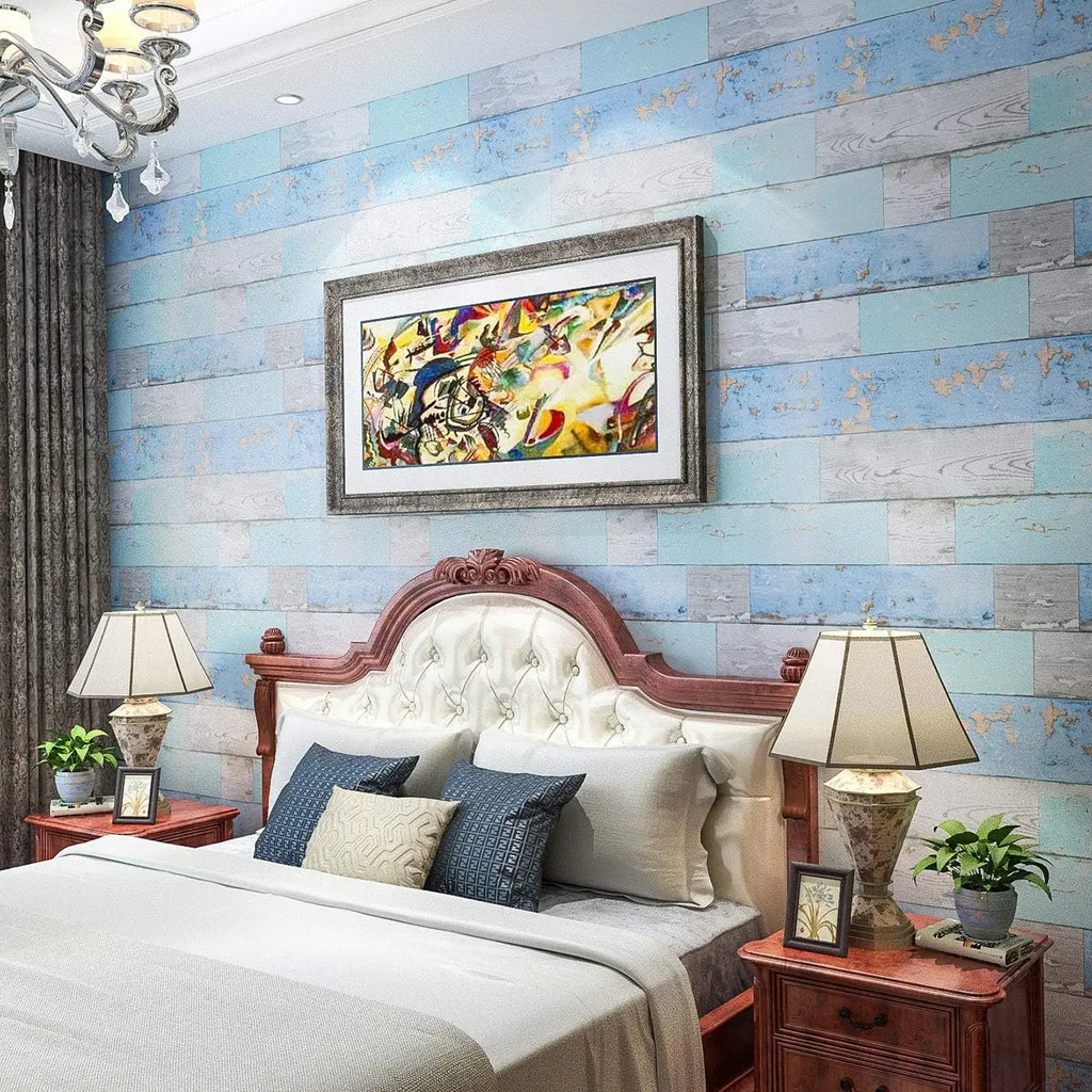 Blue Distressed Wood Peel & Stick Wallpaper | Thickened Vinyl Peel & Stick Wallpaper Qme