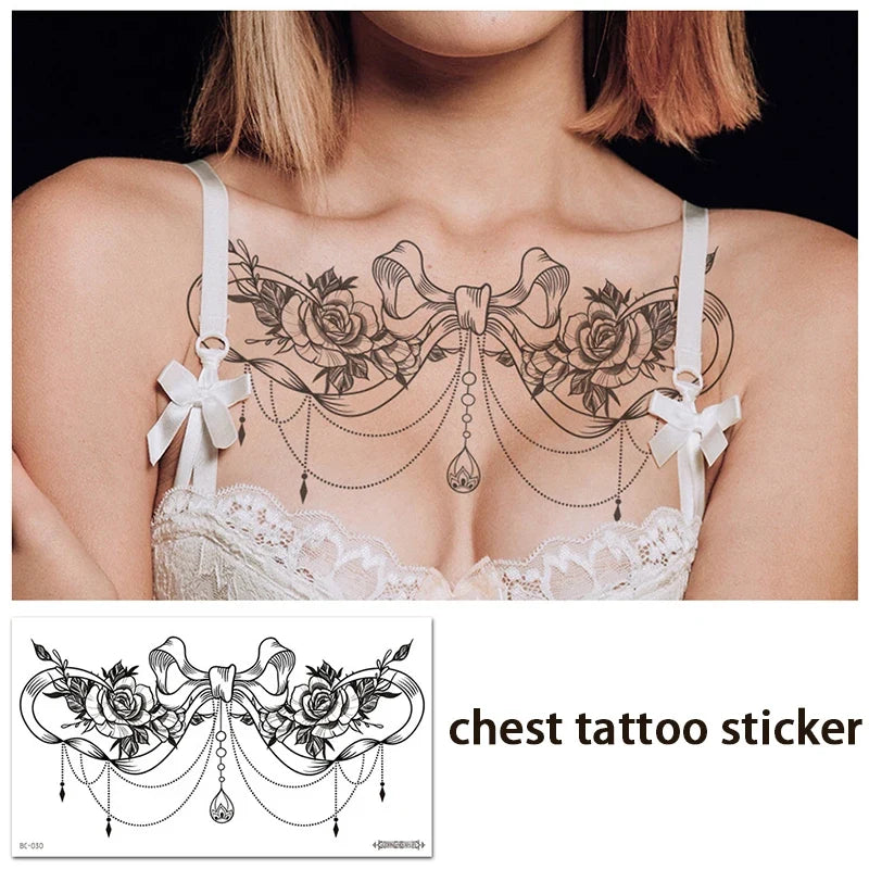 Black Bow Flower Temporary Tattoo Sticker – Chest Back Abdomen Temporary Tattoo Sticker Qme