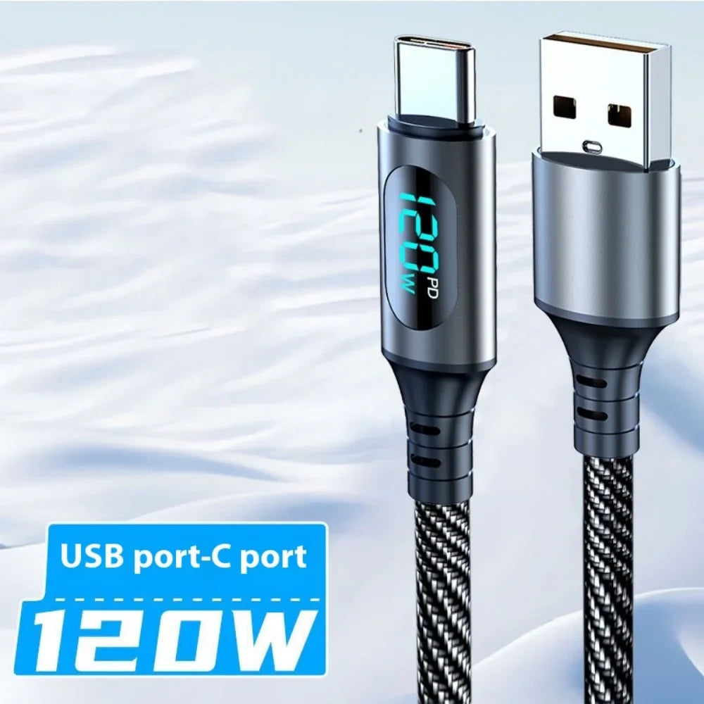 120W USB-C Fast Charge Cable | LED Display | 6A Nylon Braided USB-C Charging Cable Qme Black USB A-C 1m