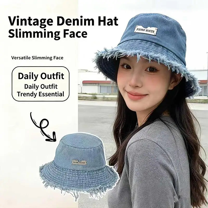 Women's Washed Denim Bucket Hat – Wide Brim Fisherman Cap Bucket Hat Qst A14
