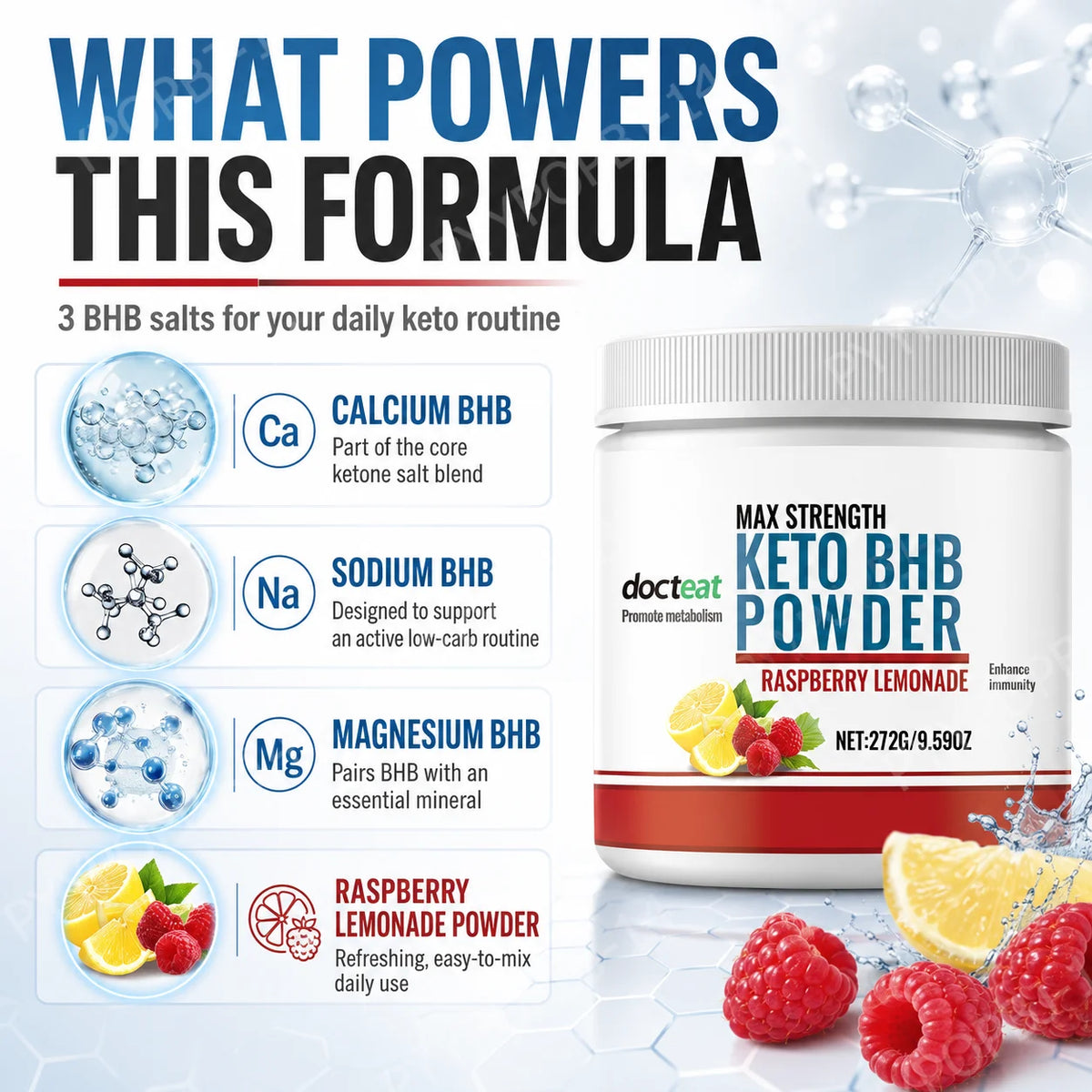 Docteat Keto BHB Powder Raspberry Lemonade 272g | Electrolytes Keto BHB Supplement Qst