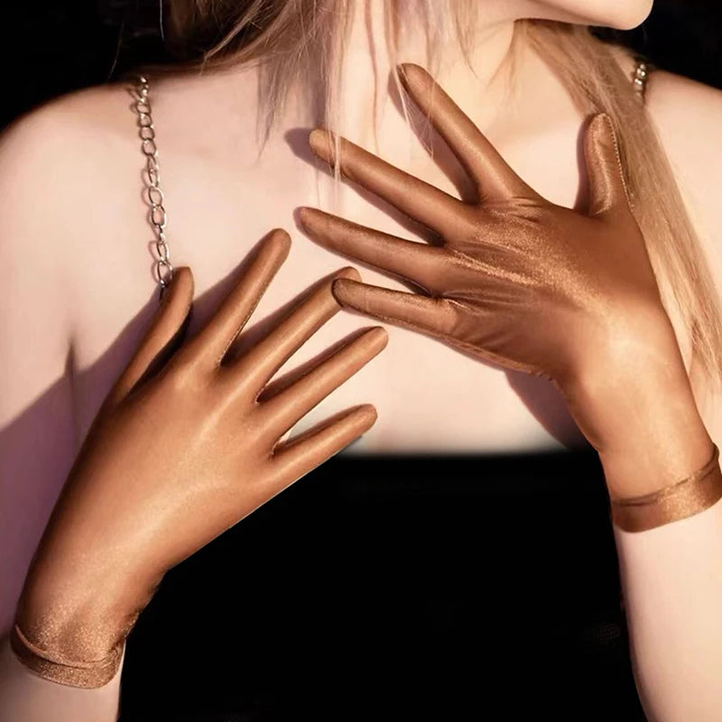 Women's Oil Glossy Ultra-Thin Elastic Wrist Gloves Fashion Wrist Gloves Qst coffee round edge